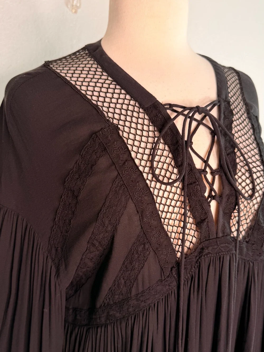 Free People Black Lace-Up Mesh Inset Peasant Blouse